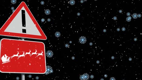 animation of snow falling over christmas road sign on dark background