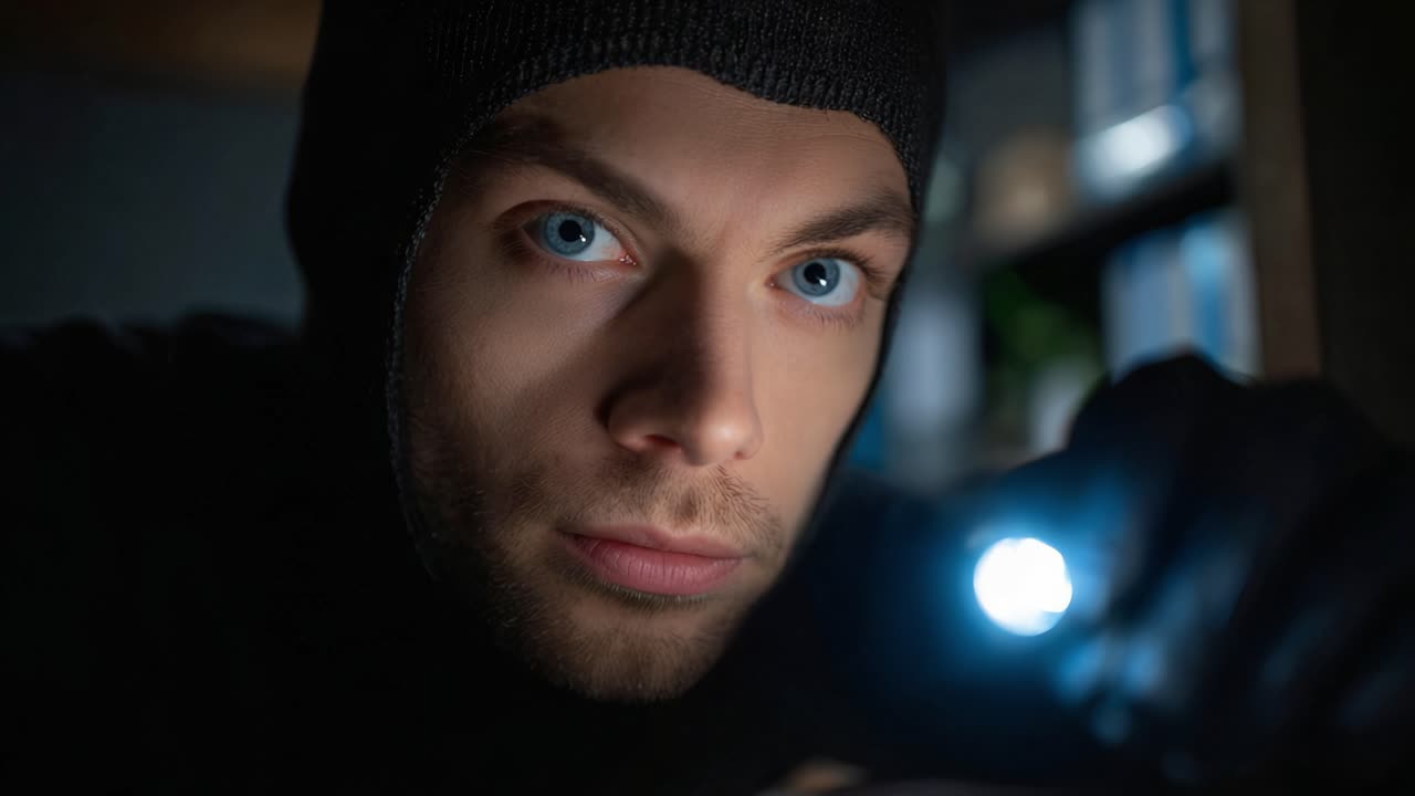 En mystisk skikkelse i sort maskering med en lommelygte kigger intenst, skjult i skyggerne, og udstråler spænding og mystik.