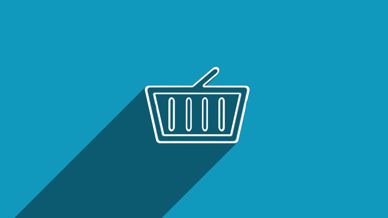 Icono de cesta de la compra de línea blanca con sombra aislado sobre fondo azul. Diseño de reflejo de sombra. Animación gráfica en movimiento de video 4K