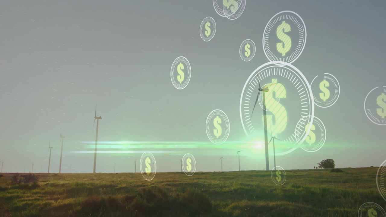 signos de dólar y animación de crecimiento financiero sobre turbinas eólicas en campo verde