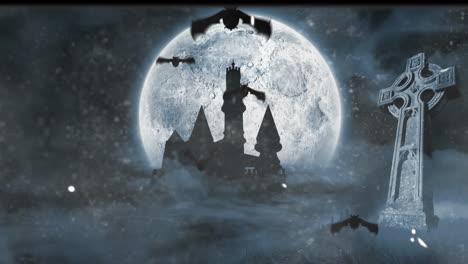 animación de murciélagos volando sobre la luna llena sobre el castillo y la cruz de fondo angustiado