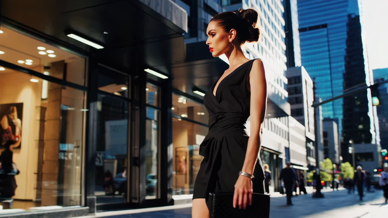 Stylish Woman in a Black Dress on a City Street