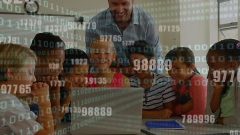 Binary-coding-data-processing-against-group-of-male-teacher-and-students-using-laptop