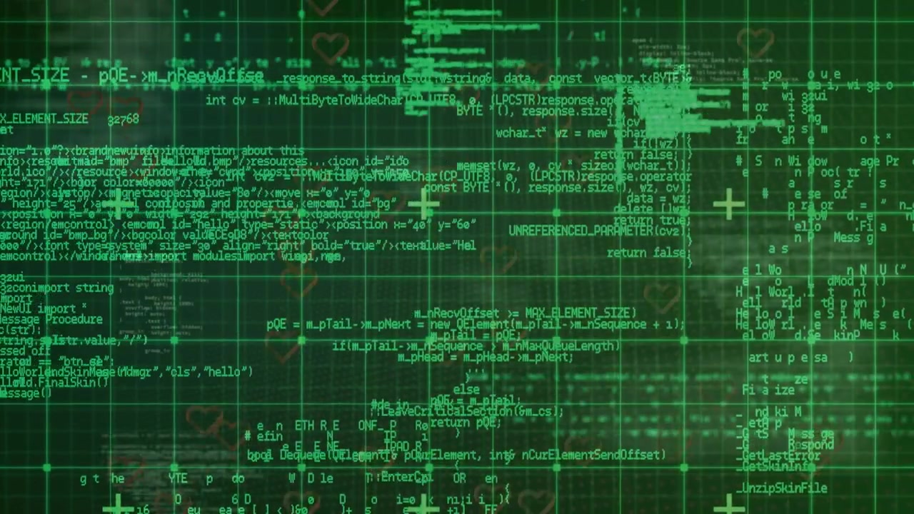 Animation of programming language processing on digital interface with grid pattern