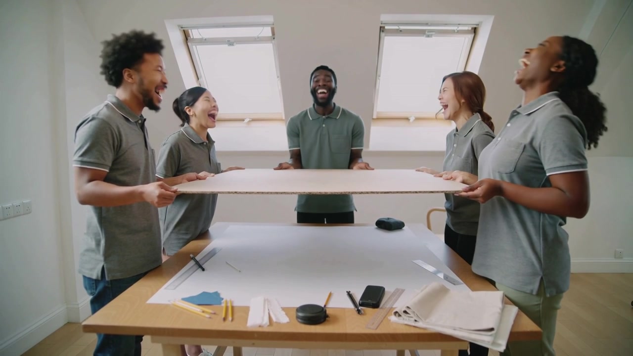 Leaning, five teammates in grey polos lifting panel over table, aligning with plans under skylights