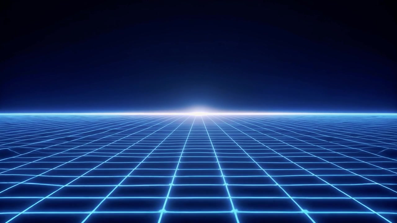 Retro synthwave-stil glødende blåt gitter, der bevæger sig mod horisonten
