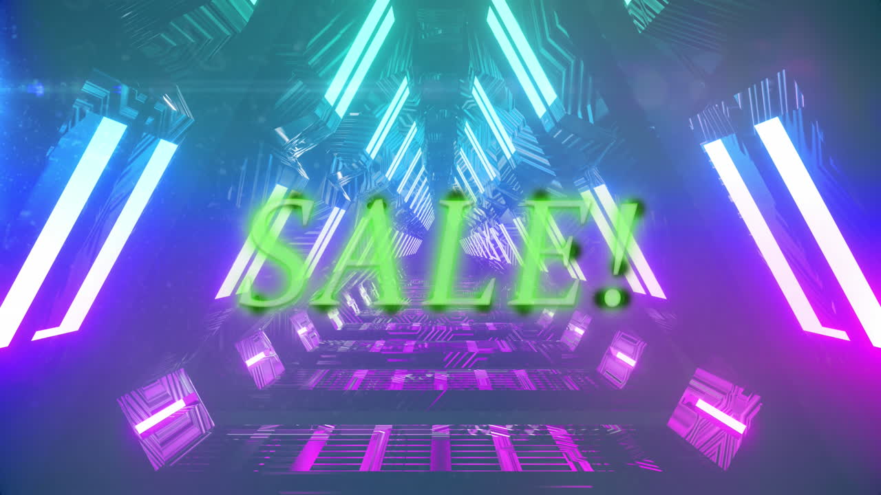animación del texto de venta en letras de neón verde sobre un túnel de neón brillante