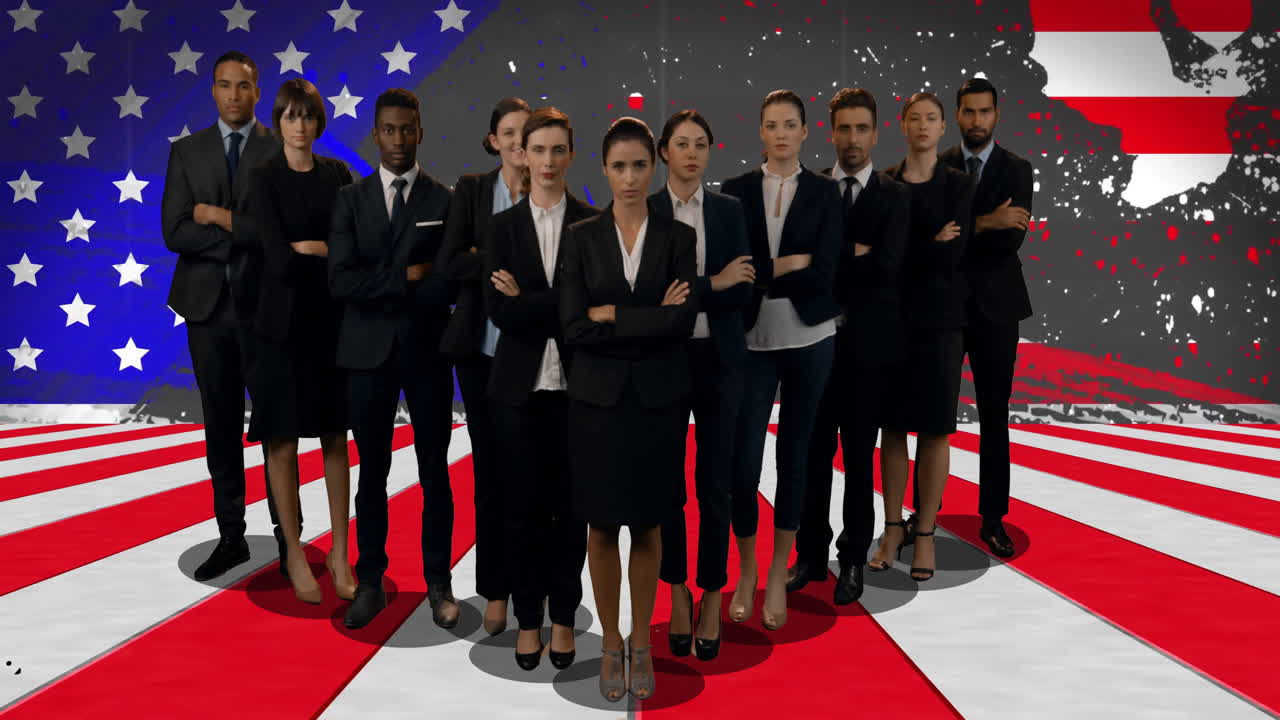 다양한 사업가들이 줄지어 서 있는 미국 발의 애니메이션