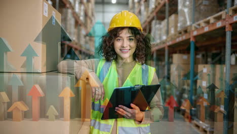 smiling woman in warehouse with growth arrows
