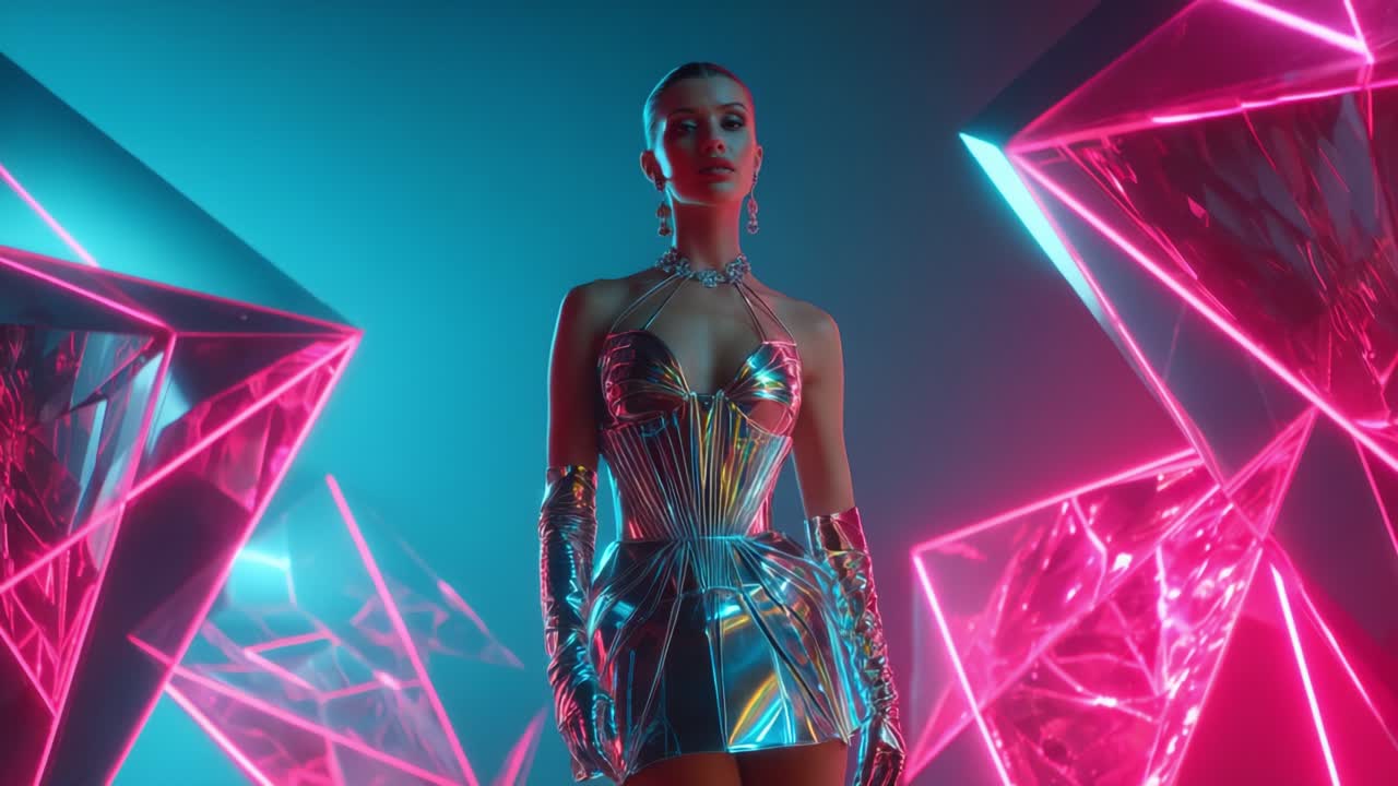A stunning modern figure stands poised among geometric structures of light and color, showcasing a brilliant ensemble of reflective materials, emphasizing a blend of futuristic fashion and artistic brilliance
