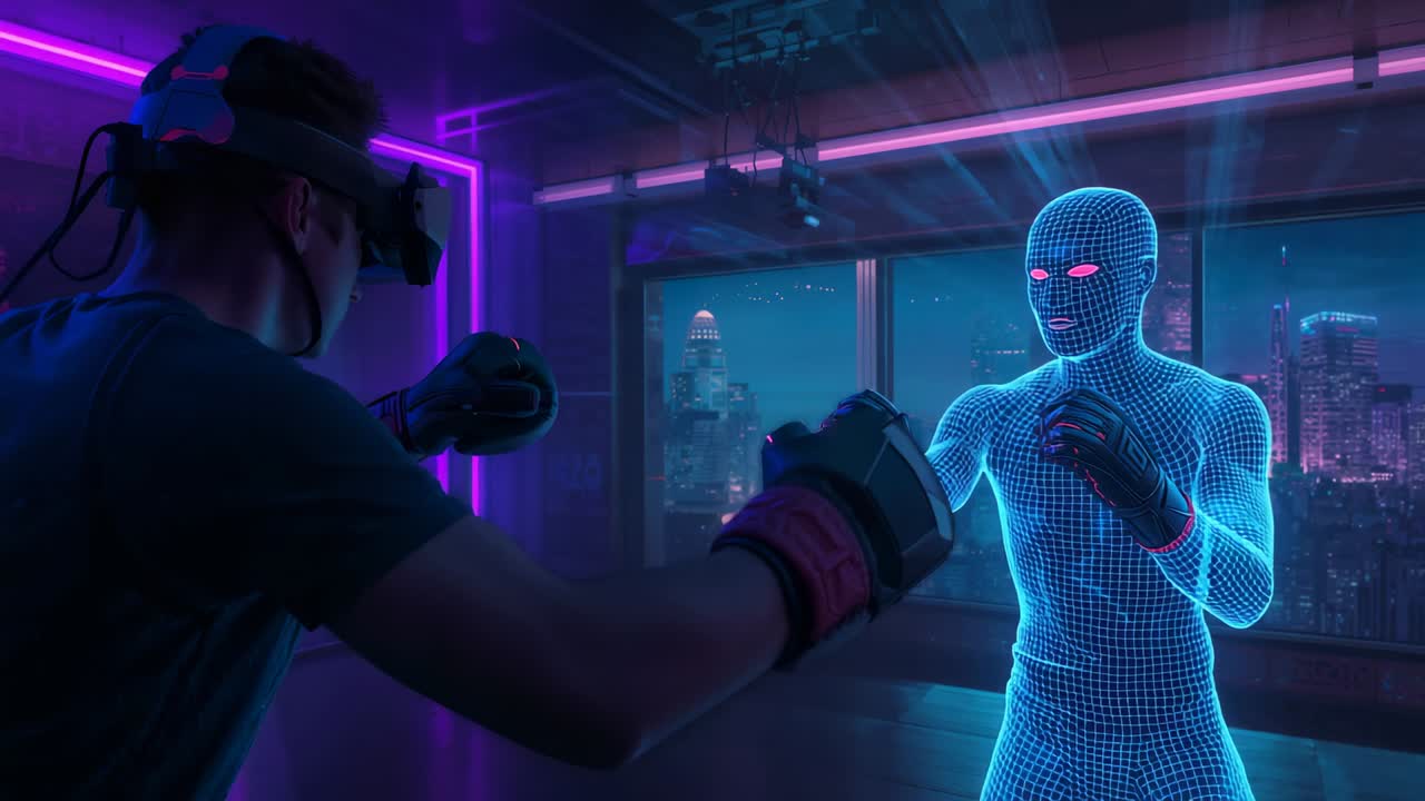 Strapping VR headset and gloves, man throwing jabs at wireframe opponent in neon studio, copy space