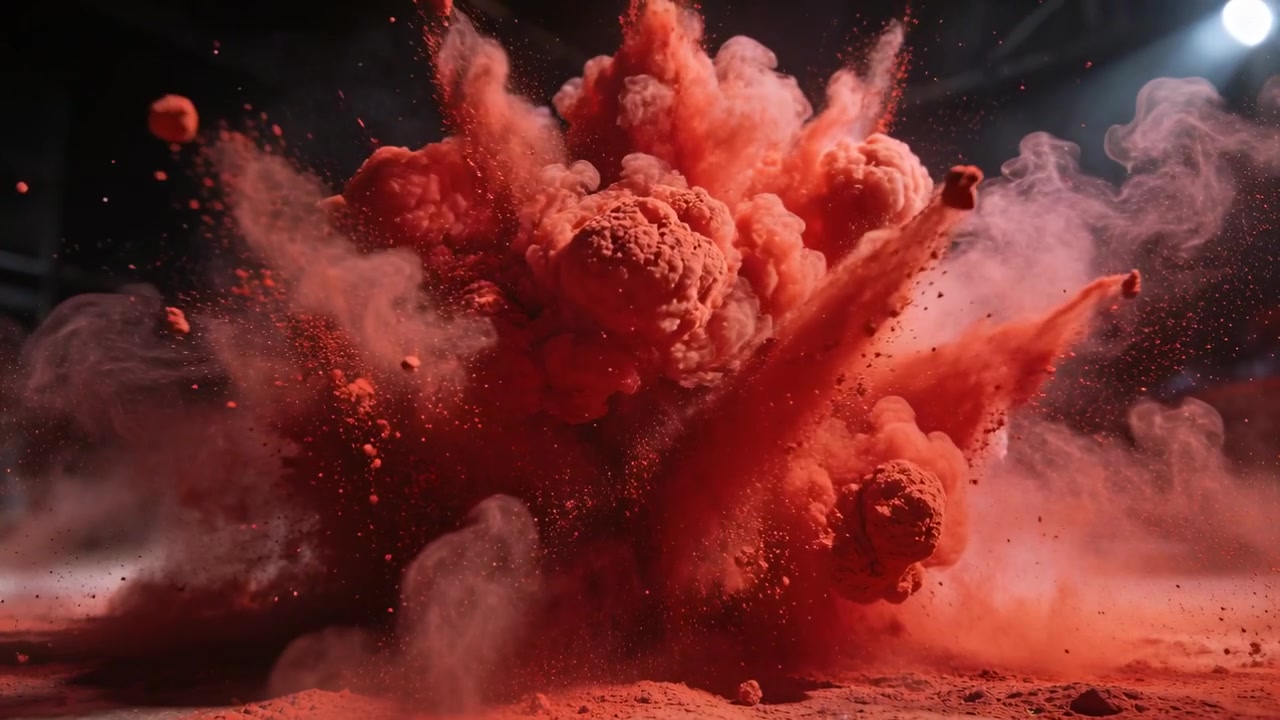 Bursting red powder cloud expanding on dark studio floor lit by spotlight triggered by ground blast