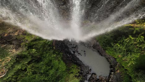 descending down a spectacular waterfall as the water rushes down into a tropical rainforest rock pool below