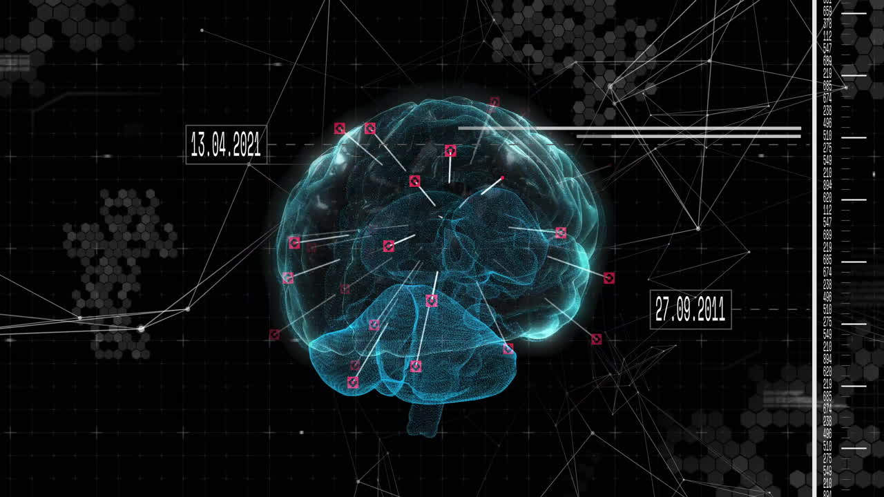 Animation of digital brain with data points and futuristic interface elements