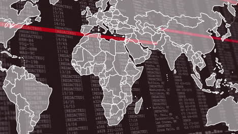 world map animation over redacted data and numbers on dark background