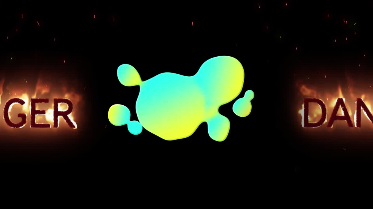 Animation of colorful abstract shapes and burning letters on black background