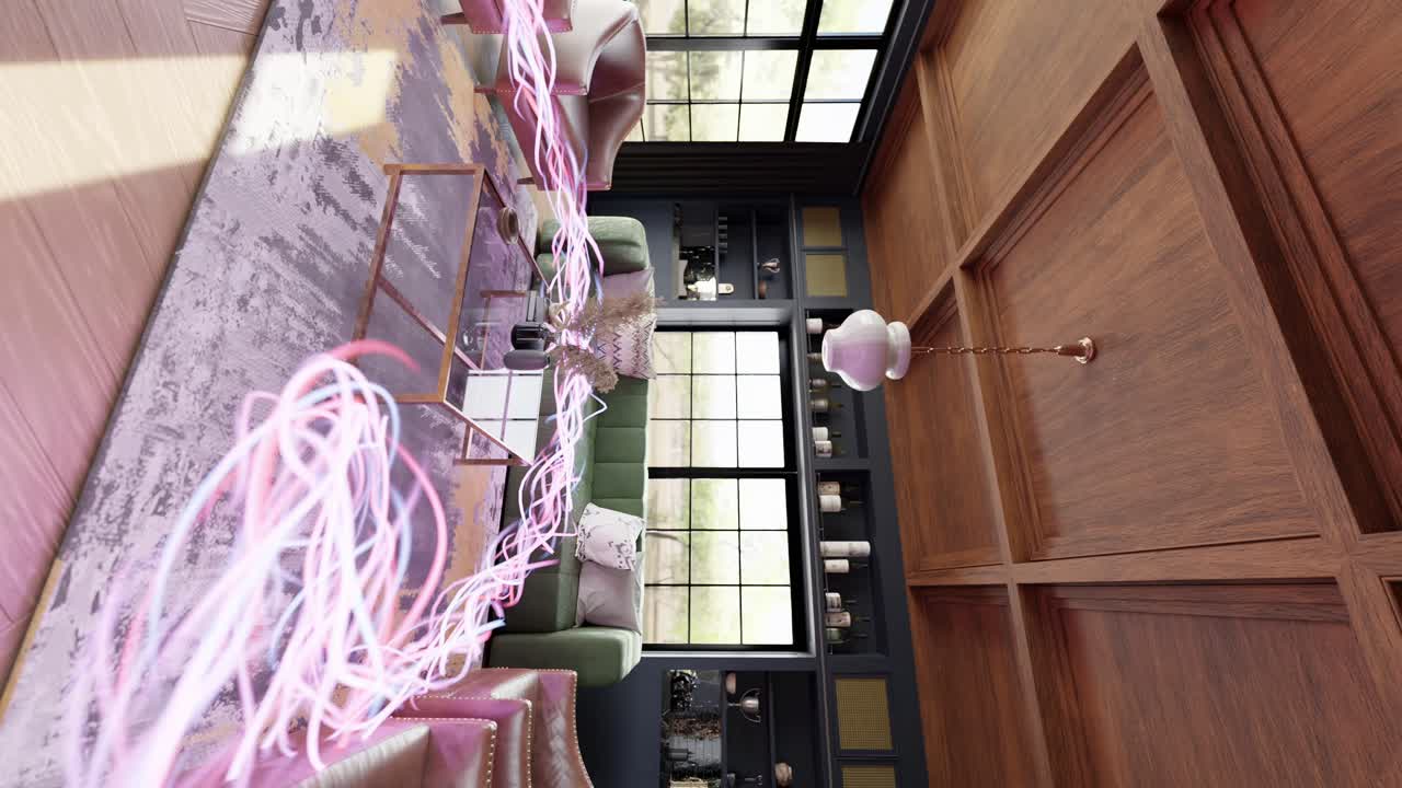 현대적인 우아함: 역동적인 빛의 흐름을 가진 세련된 거실 수직