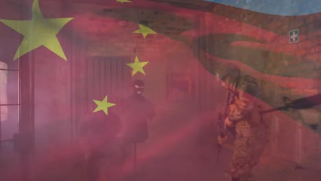 animación de la bandera de ee.uu. y china sobre varios soldados