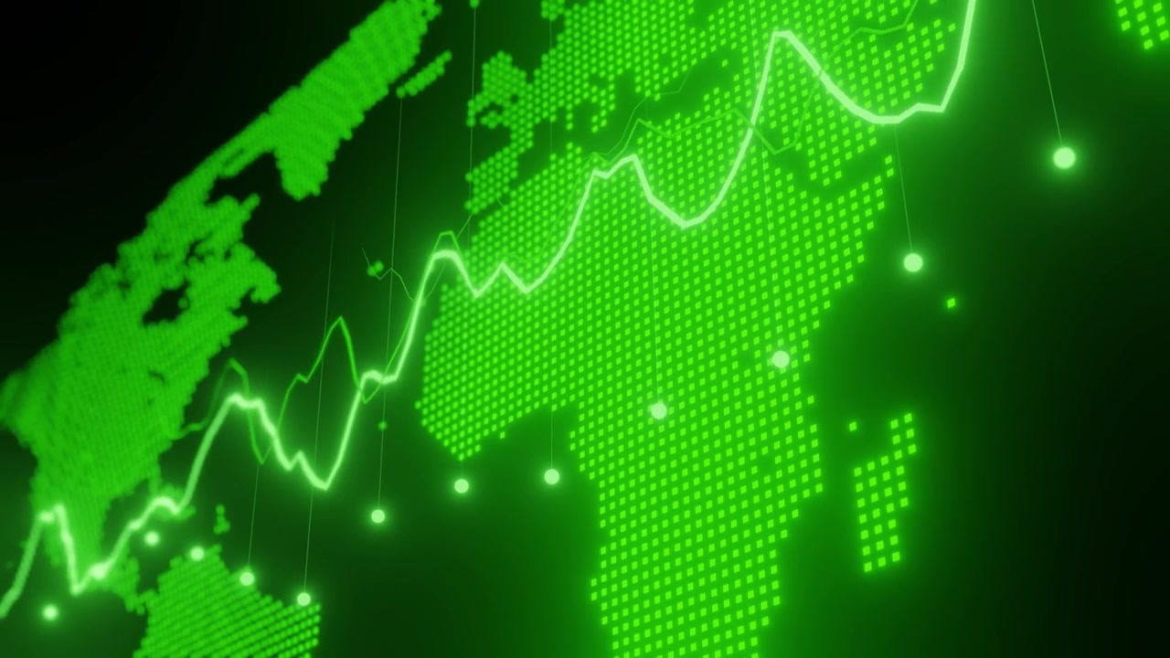 Digital green world map with glowing points and upward graph line. Abstract macro shot illustrating global financial data and economic trends. Futuristic technology background