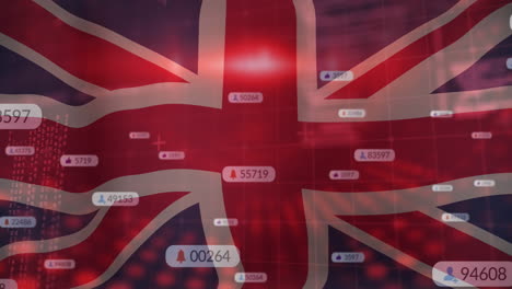 animation of financial data processing and social media icons with numbers over flag of uk