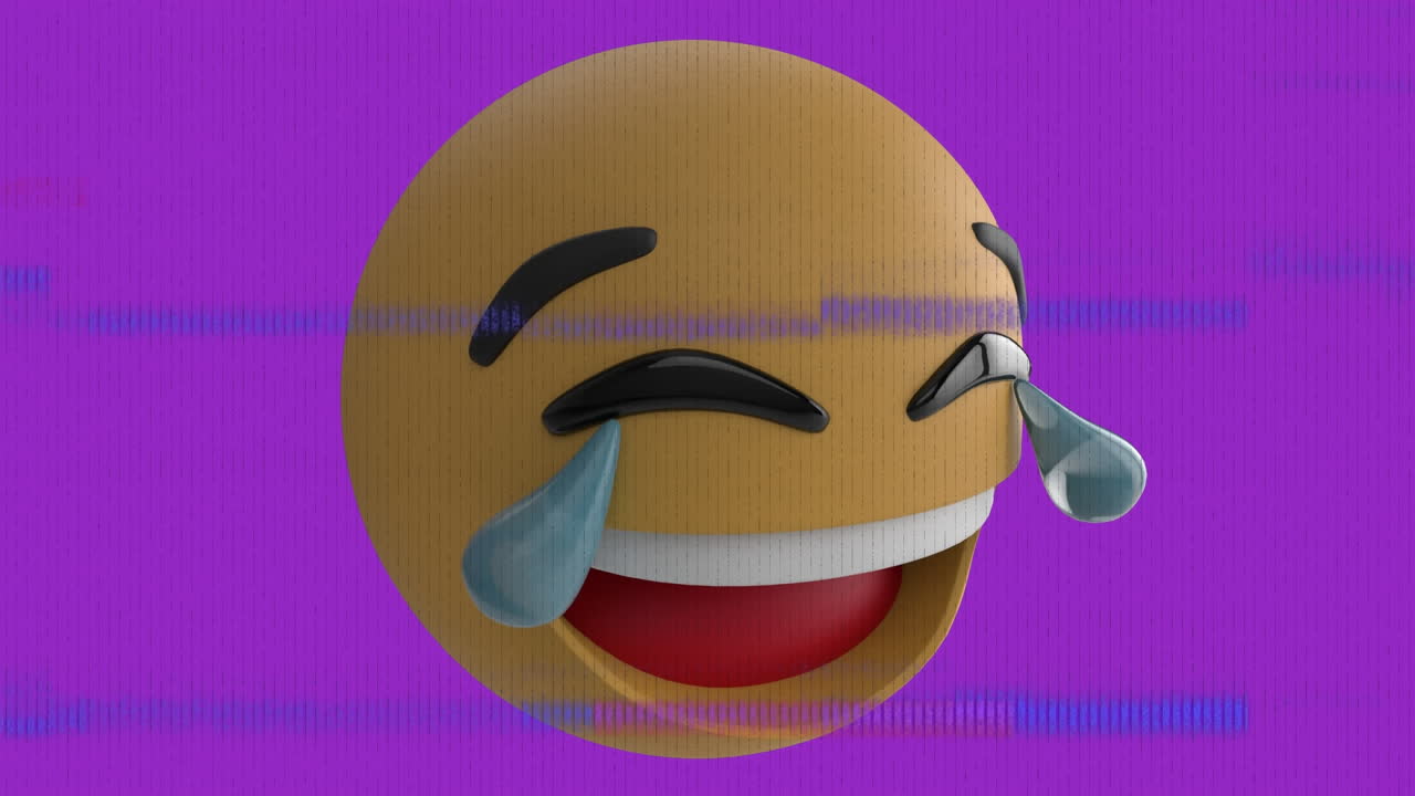 Animation of happy emoji icon over screen with noise