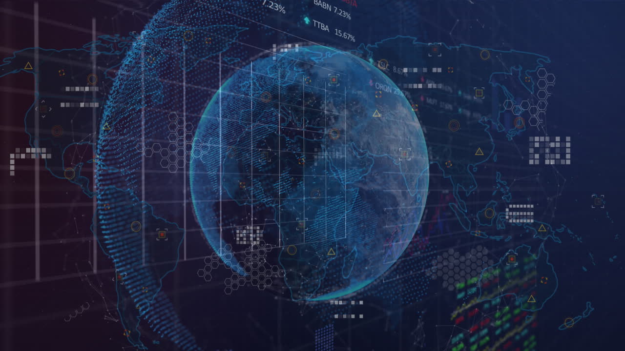 Animation of statistical and stock market data processing over spinning globe and world map
