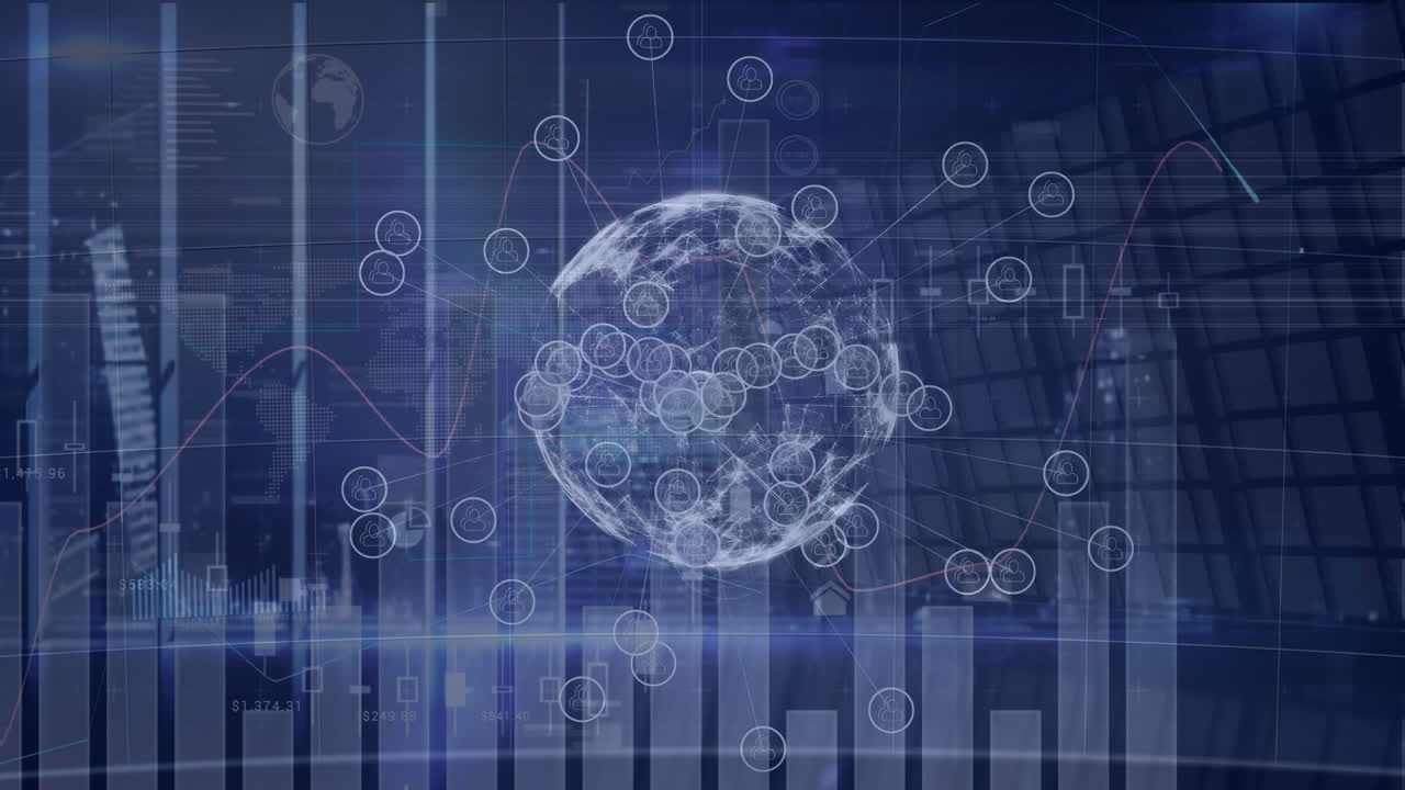 파란색 배경에 회전하는 지구와 세계 지도 위의 통계 데이터 처리의 애니메이션