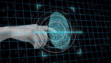 human finger scanning over biometric scanner against grid network on black background