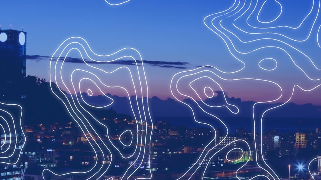 animación de la red de conexiones con líneas blancas del mapa sobre el paisaje urbano.