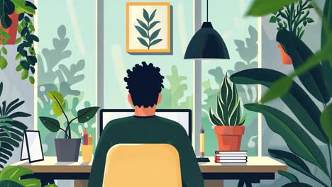 person working at desk surrounded by plants