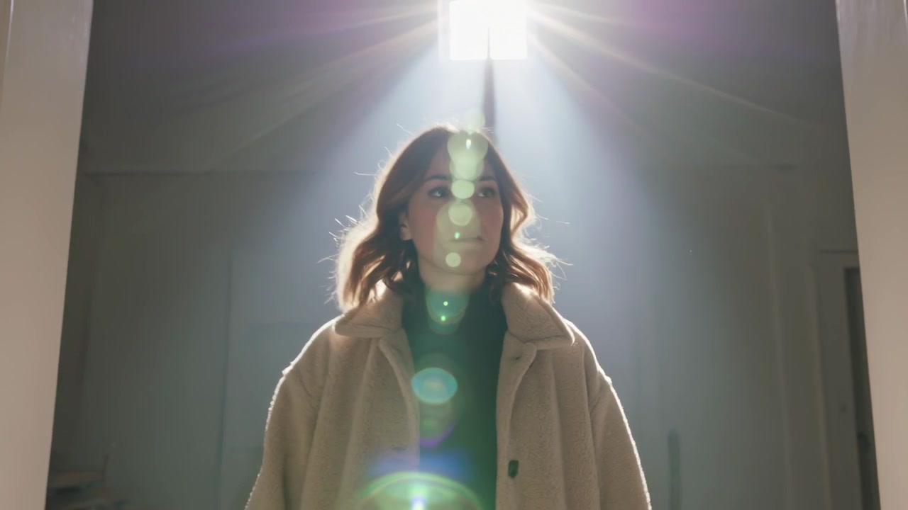 Eine Frau im beigefarbenen Mantel tritt aus einem Türrahmen in einen Lichtschacht mit Lens Flare und steht unter einem Fenster.