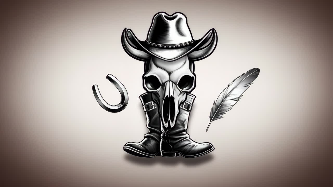 Western Skull with Cowboy Hat, Feather, Boots, and Horseshoe