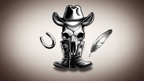 western skull with cowboy hat, feather, boots, and horseshoe