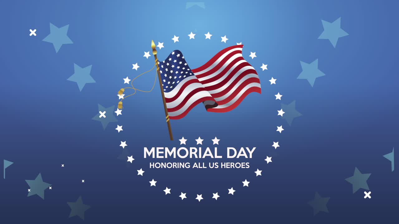 feliz día conmemorativo con letras con la bandera de los estados unidos ondeando