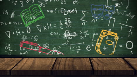 la animación digital mezcla iconos escolares y ecuaciones matemáticas sobre un fondo verde.