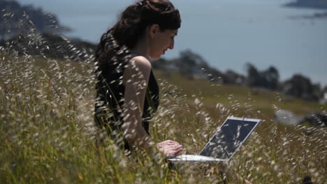 a woman using a laptop sits in a field by the shore