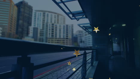 stars animation illuminating urban cityscape with buildings and walkway at night