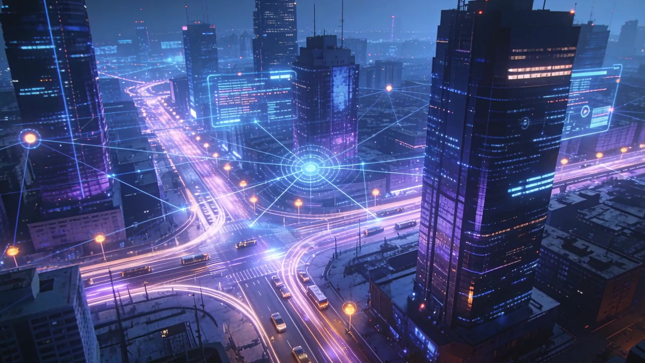 Nodo di rete pulsante che collega uno svincolo urbano aereo, illuminando grattacieli e auto, abilitando i dati