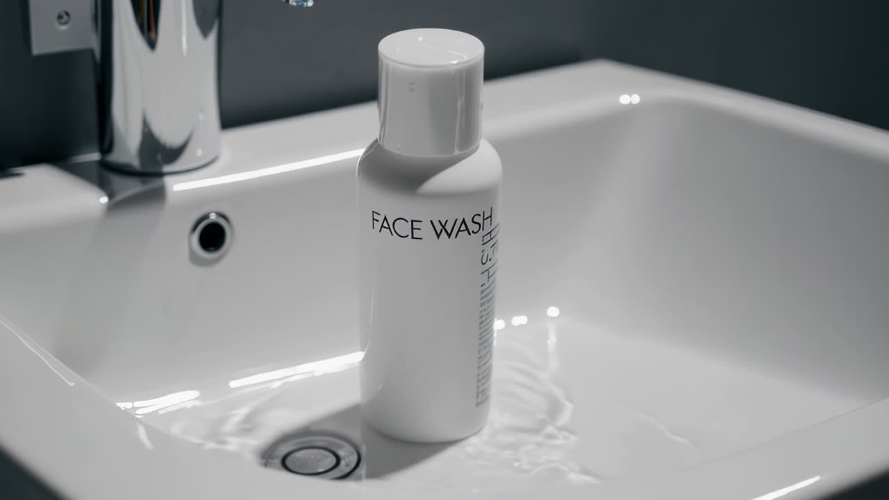 White Face Wash Bottle on a Bathroom Sink