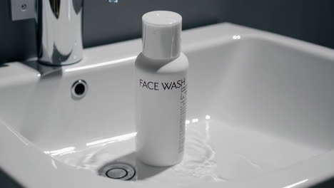 white face wash bottle on a bathroom sink