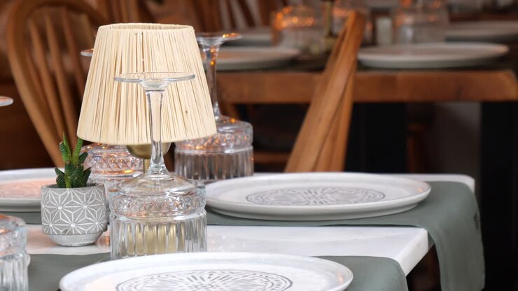 Interni accoglienti di ristorante con apparecchiatura elegante