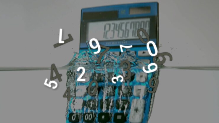 Teal calculator dropping from top, striking water and splashing digits to show data flow