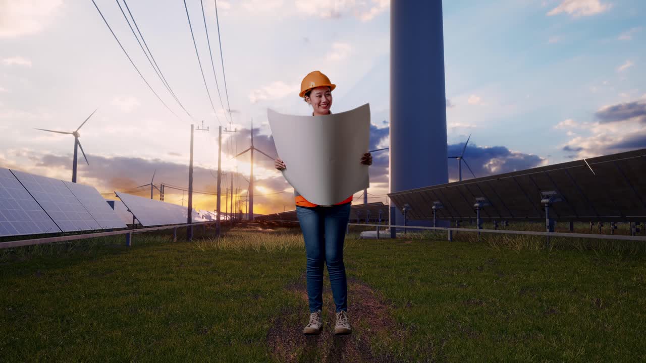 Full Body Of Asian Female Engineer With Safety Helmet Looking At Blueprint In Her Hands And Looking Around With Solar Panel and Wind Turbines