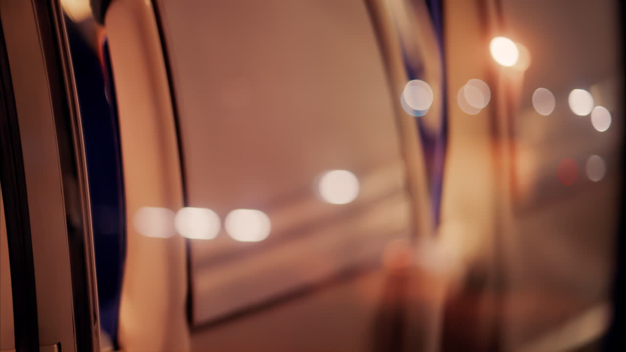 Close up of the window of a moving train with a blurry view