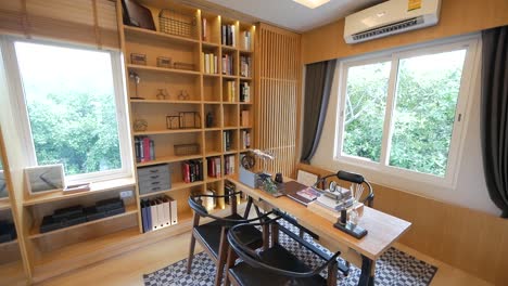 Luxuriöse-Und-Stilvolle-Inneneinrichtung-Aus-Holz,-Arbeitszimmer,-Heimbüro-Dekoration