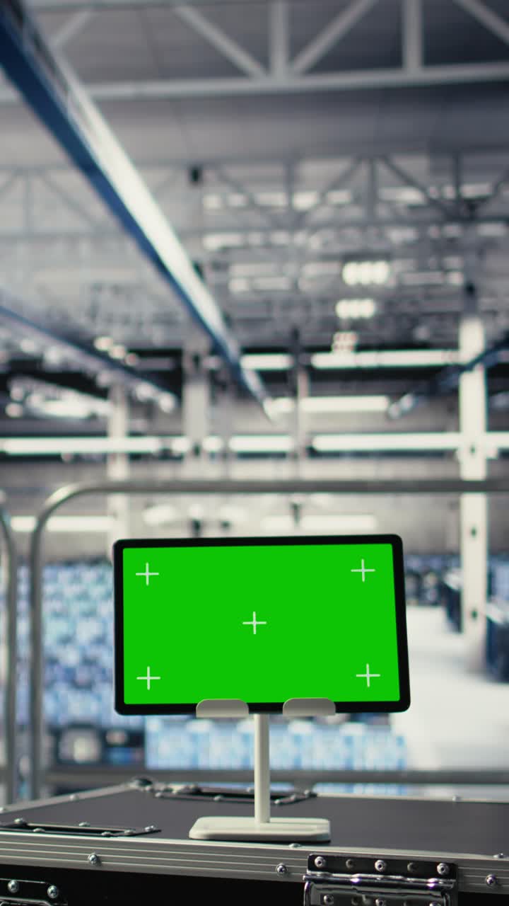 Vertical Video Close Up Of Green Screen Tablet In Front Of Data Center Engineers Improving Rigs