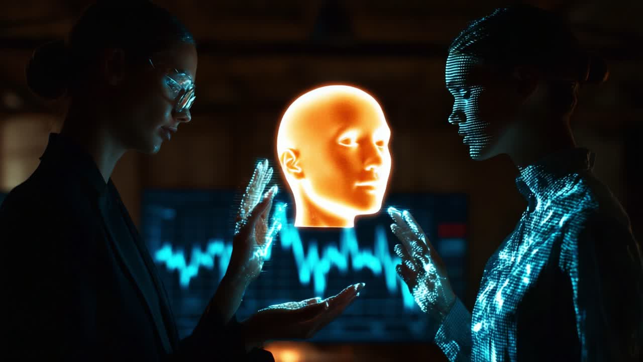 A futuristic scene showcasing two digital entities interacting, with holographic projections of a globe and a humanoid face, representing the convergence of technology and humanity