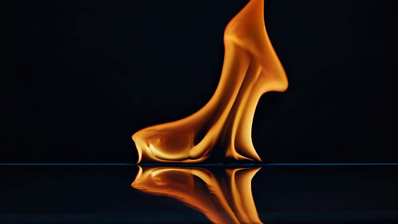 Abstract video of flames forming a wolf shape, captured from a low angle