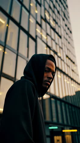 man in a hoodie in front of a modern building