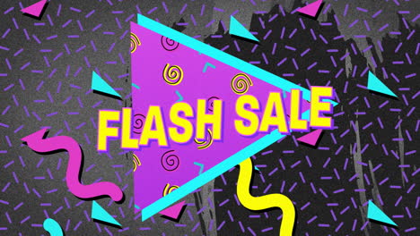 animación de texto de venta flash sobre formas y patrones geométricos coloridos